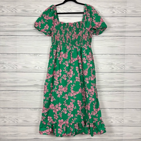 J. Crew Factory Floral Puff Sleeve Smocked Midi Dress Size Large Green/Pink - Picture 2 of 9